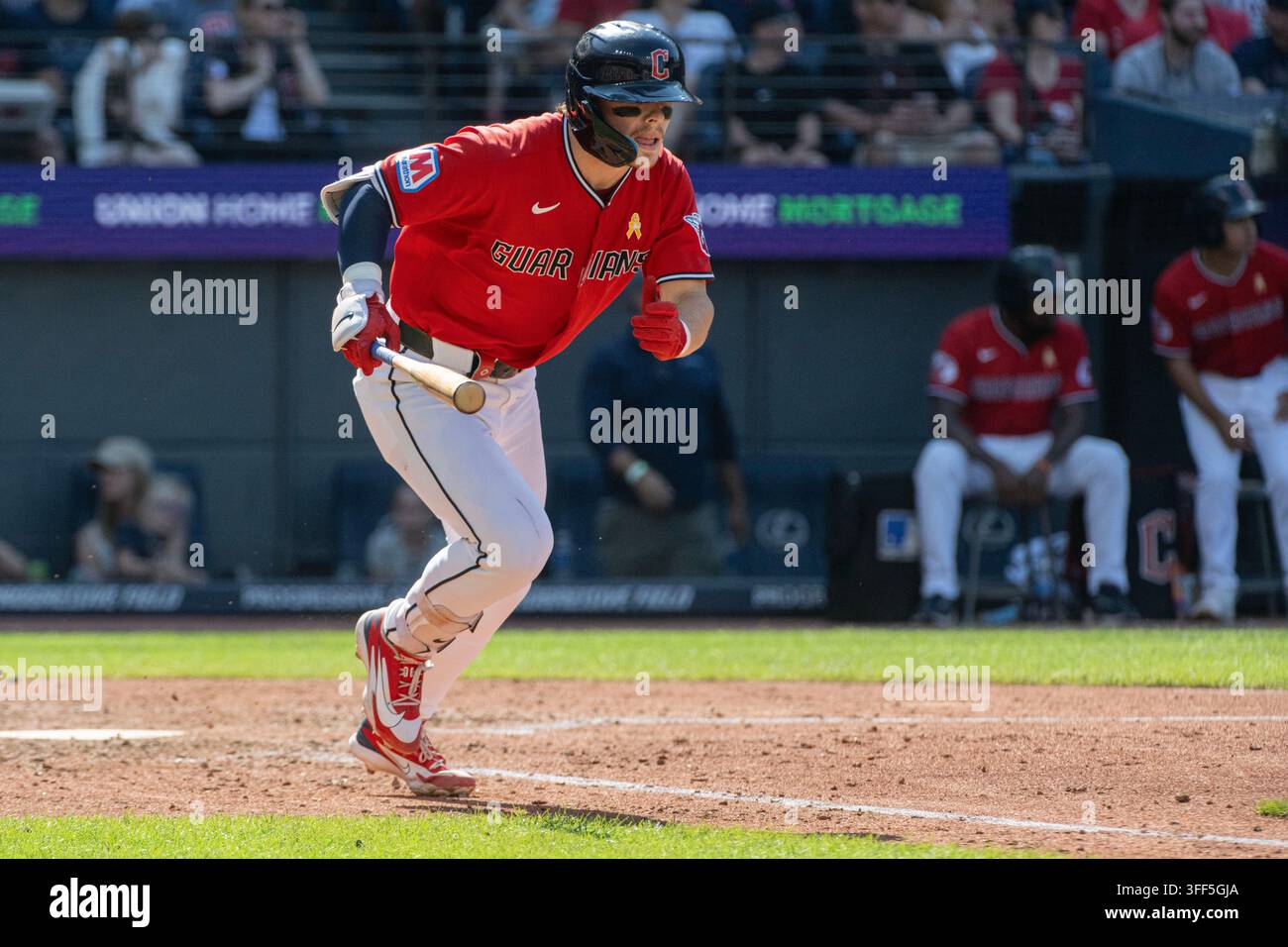 Cleveland Guardians' Travis Bazzana runs out an infield single off