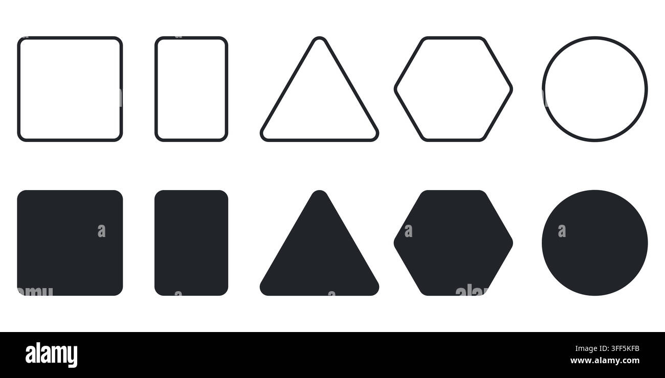 Minimalist geometric shapes icon set. Flat solid and outline vector elements for UI design Stock Vector