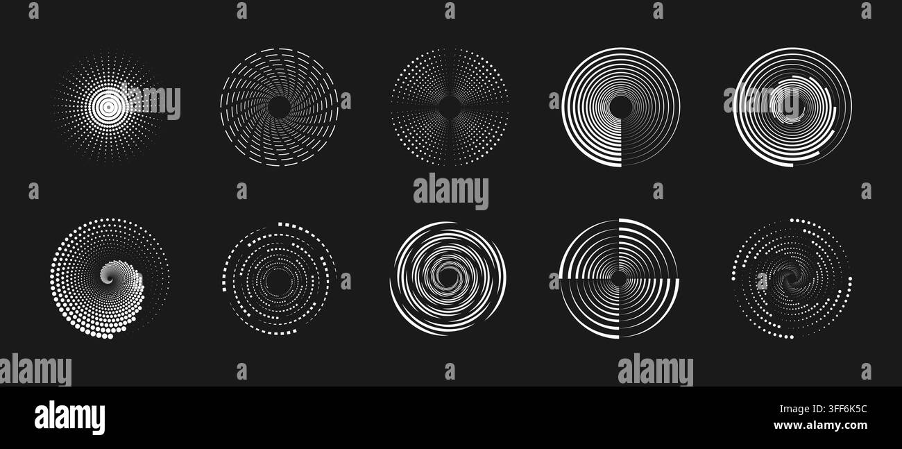 Circular dotted pattern with radial halftone gradient. Abstract spiral design featuring concentric circles and dynamic geometric texture for creative Stock Vector
