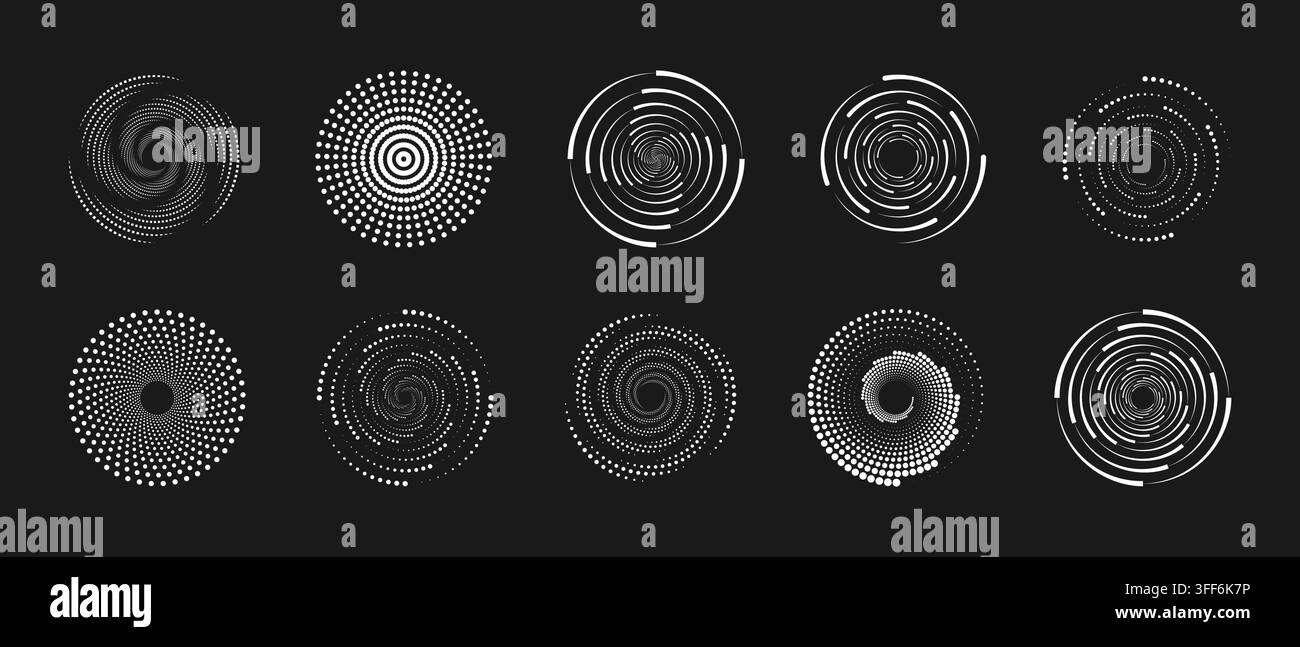 Halftone dotted circle round spiral pattern vector icon set, half dot circular graphic logo design. Digital radial gradient wave geometry texture with Stock Vector