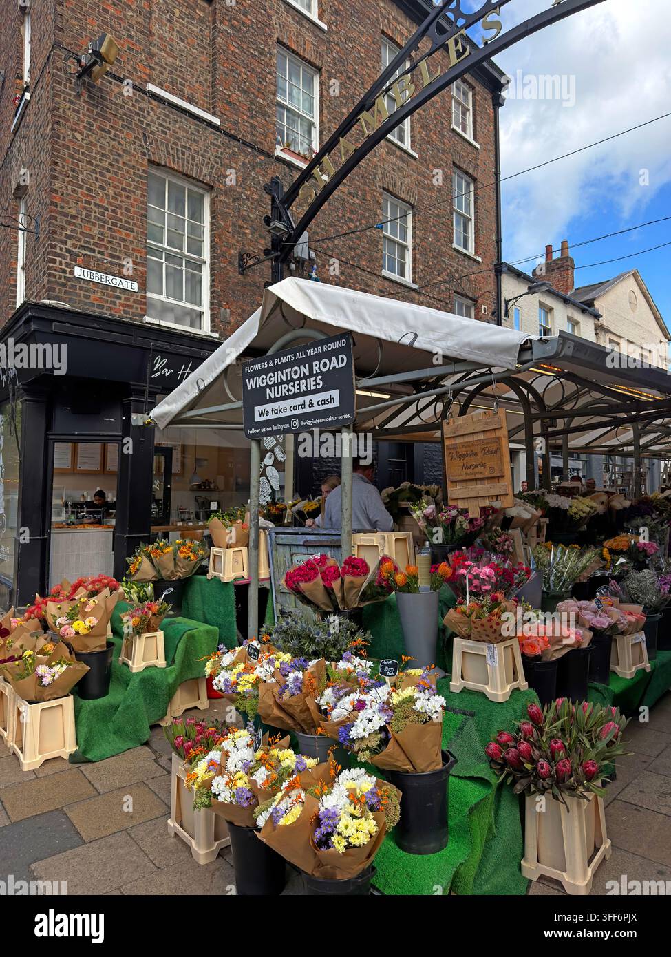Wigginton Road Nurseries flower and plant stall on Jubbergate at Shambles Market, York, a family-run trader established in 1976. Stock Photo