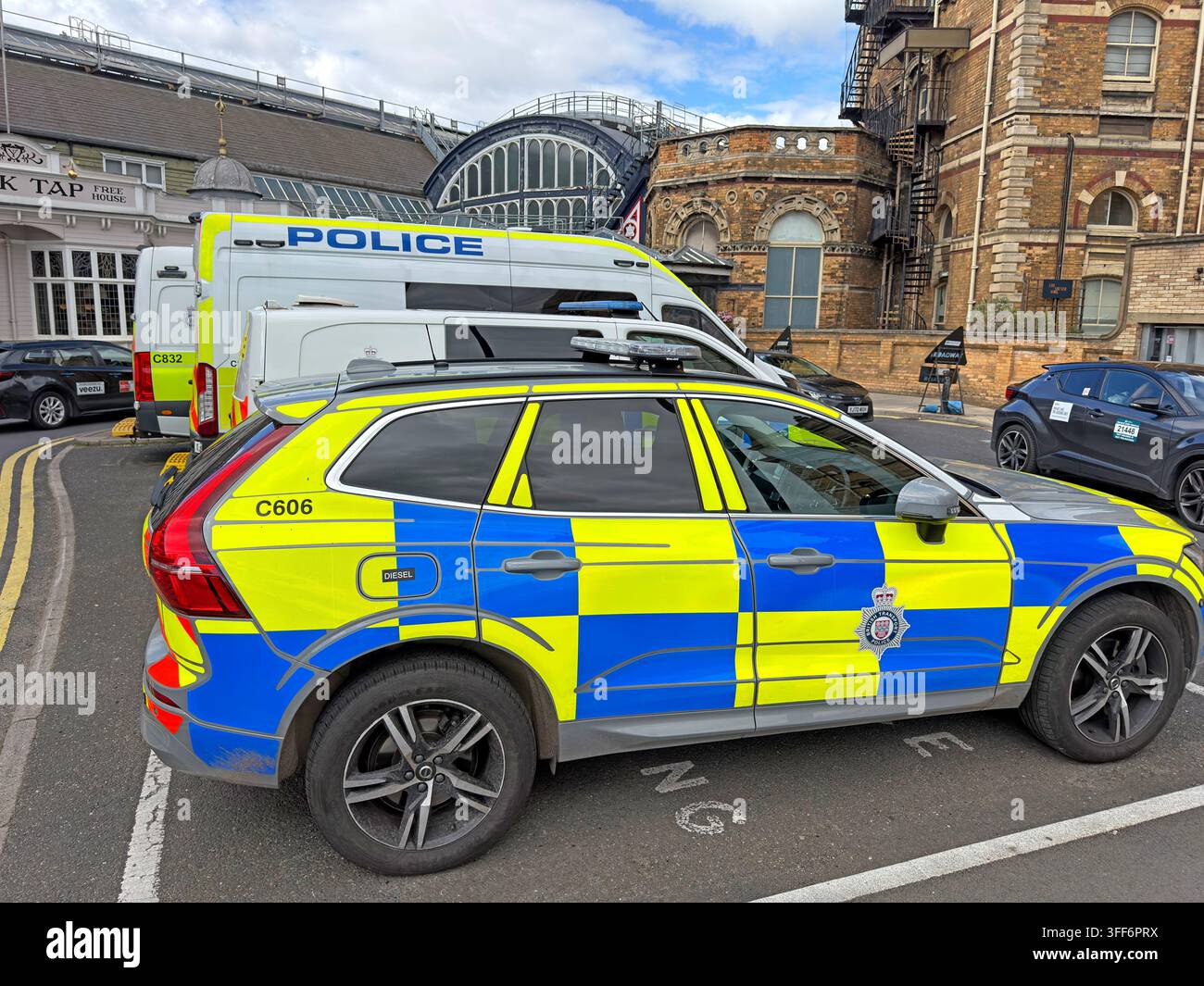 Marked British Transport Police vehicles at York station, providing a visible security presence at the major railway interchange Stock Photo
