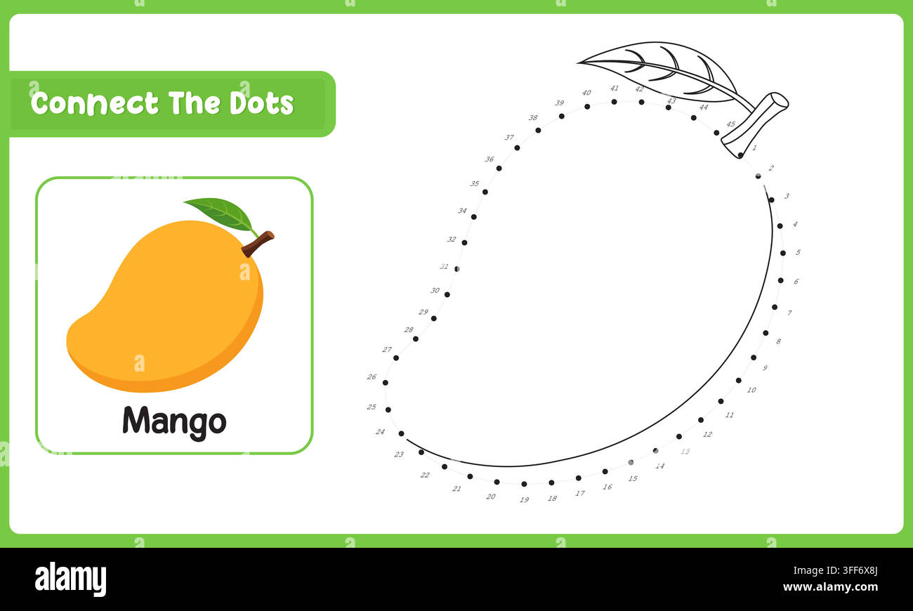 Connect the dots mango puzzle worksheet kids learning activity vector illustration Stock Vector