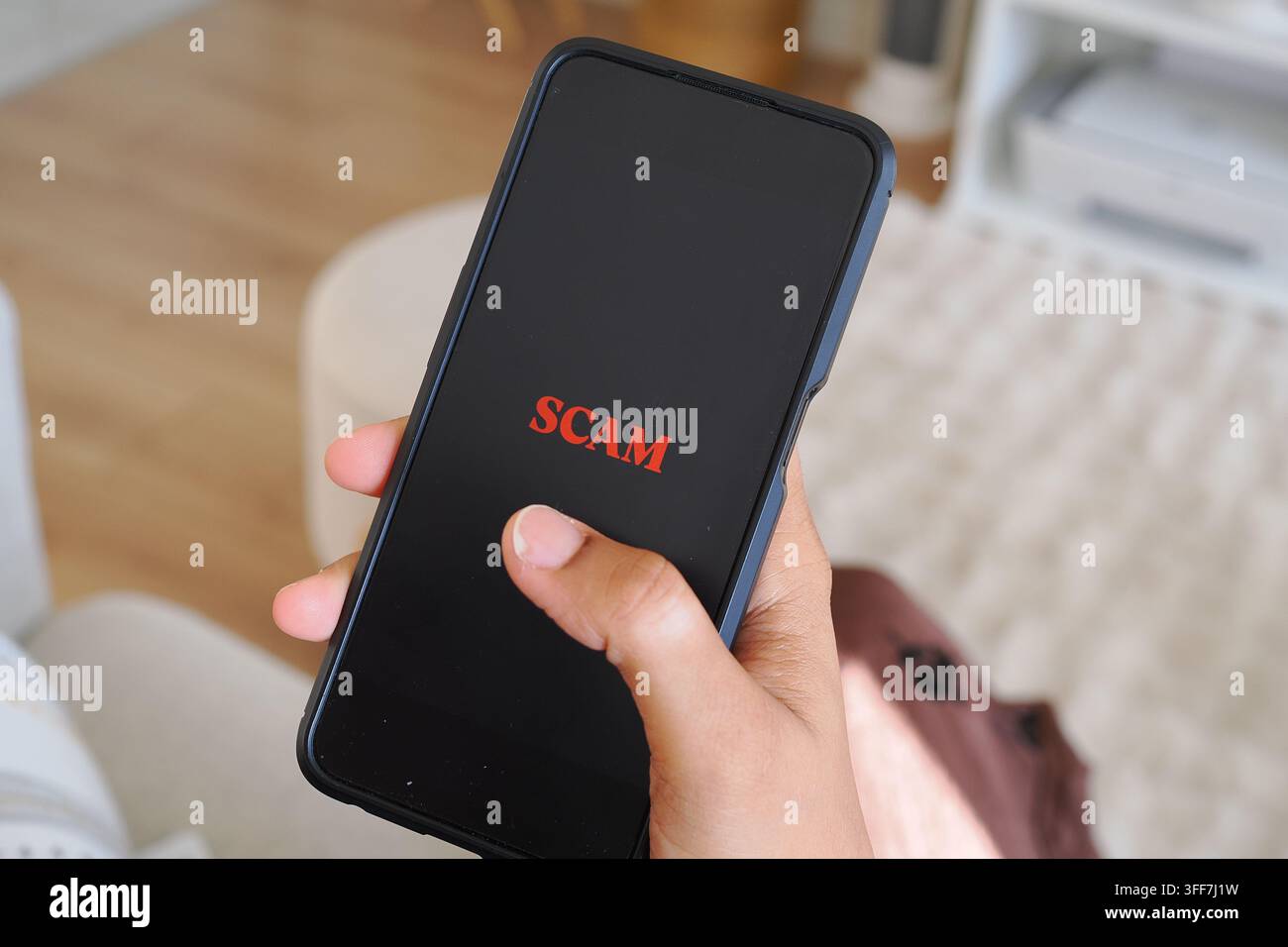 Person holding smartphone displaying scam alert Stock Photo
