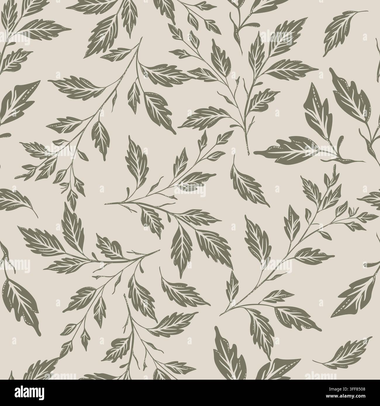 Botanical green pattern featuring scattered hand-drawn stems, lush foliage muted background. Stock Vector