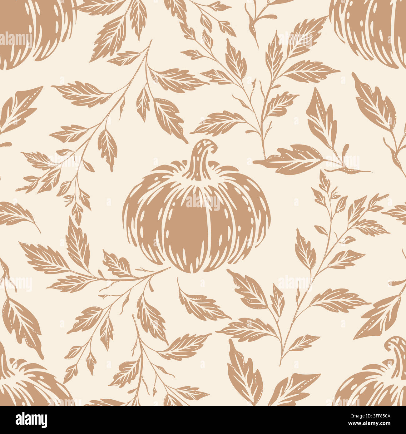 Seamless autumn botanical pattern featuring a central stylized pumpkin surrounded by loose leafy branches Stock Vector