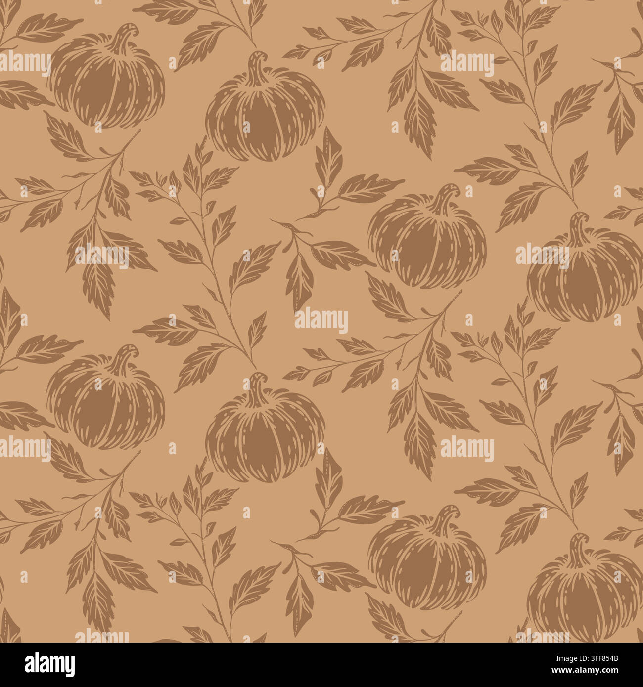 Seamless autumn botanical pattern featuring a central stylized pumpkin surrounded by loose leafy branches Stock Vector