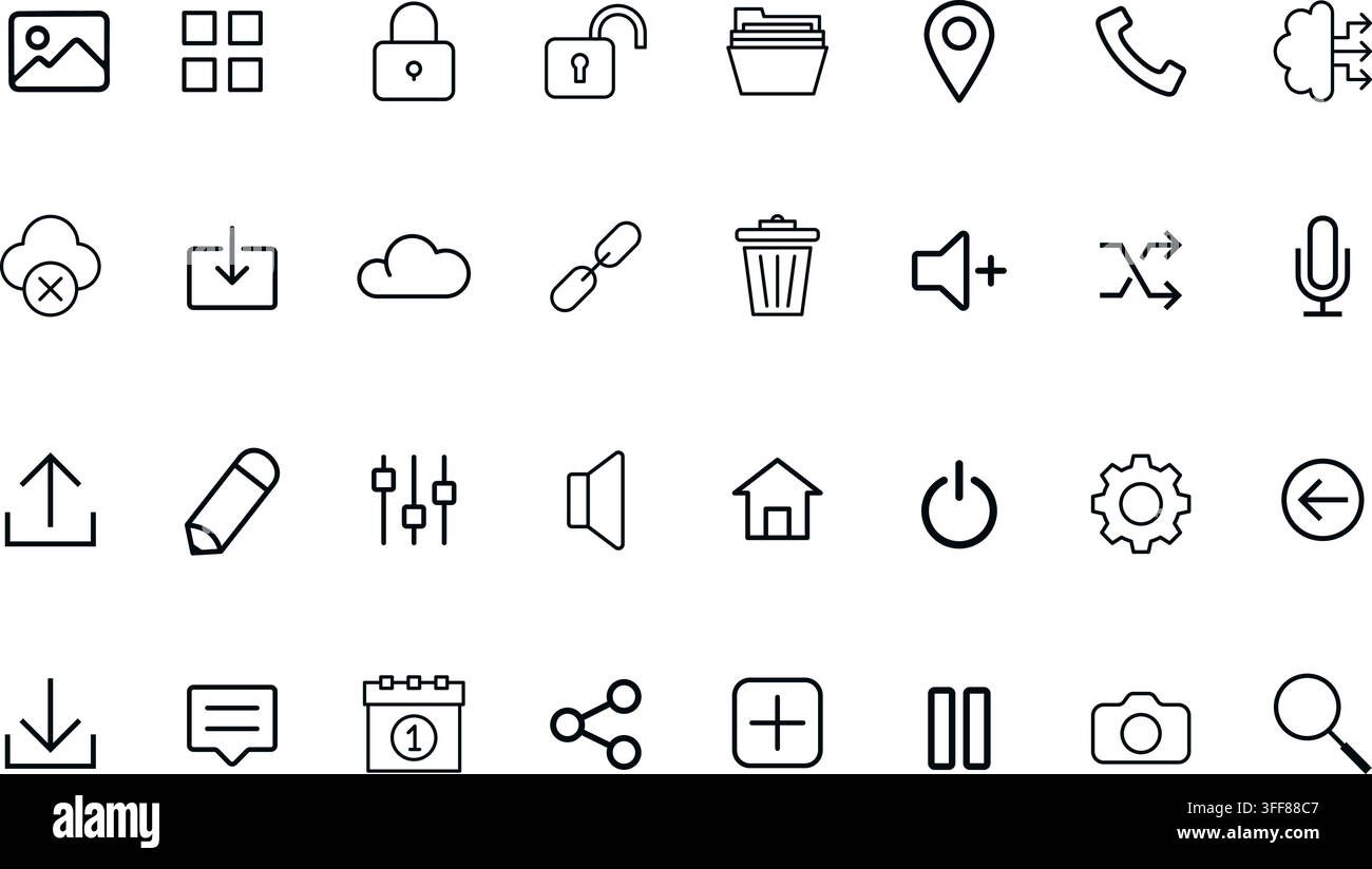 User interface vector line icon set featuring media controls, cloud storage, settings, security, folders, communication, and navigation elements. Stock Vector
