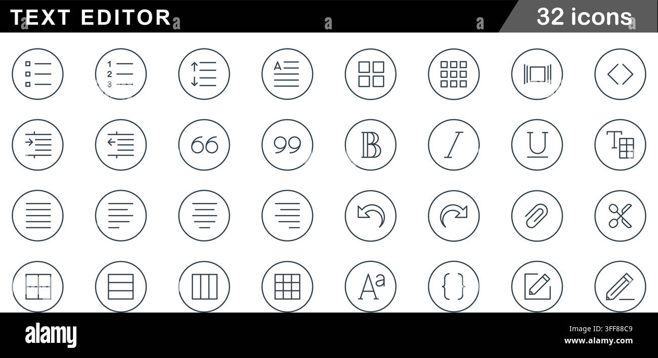 Text editor vector line icon set featuring formatting tools, typography symbols, lists, alignment, tables, code, and editing elements. Stock Vector