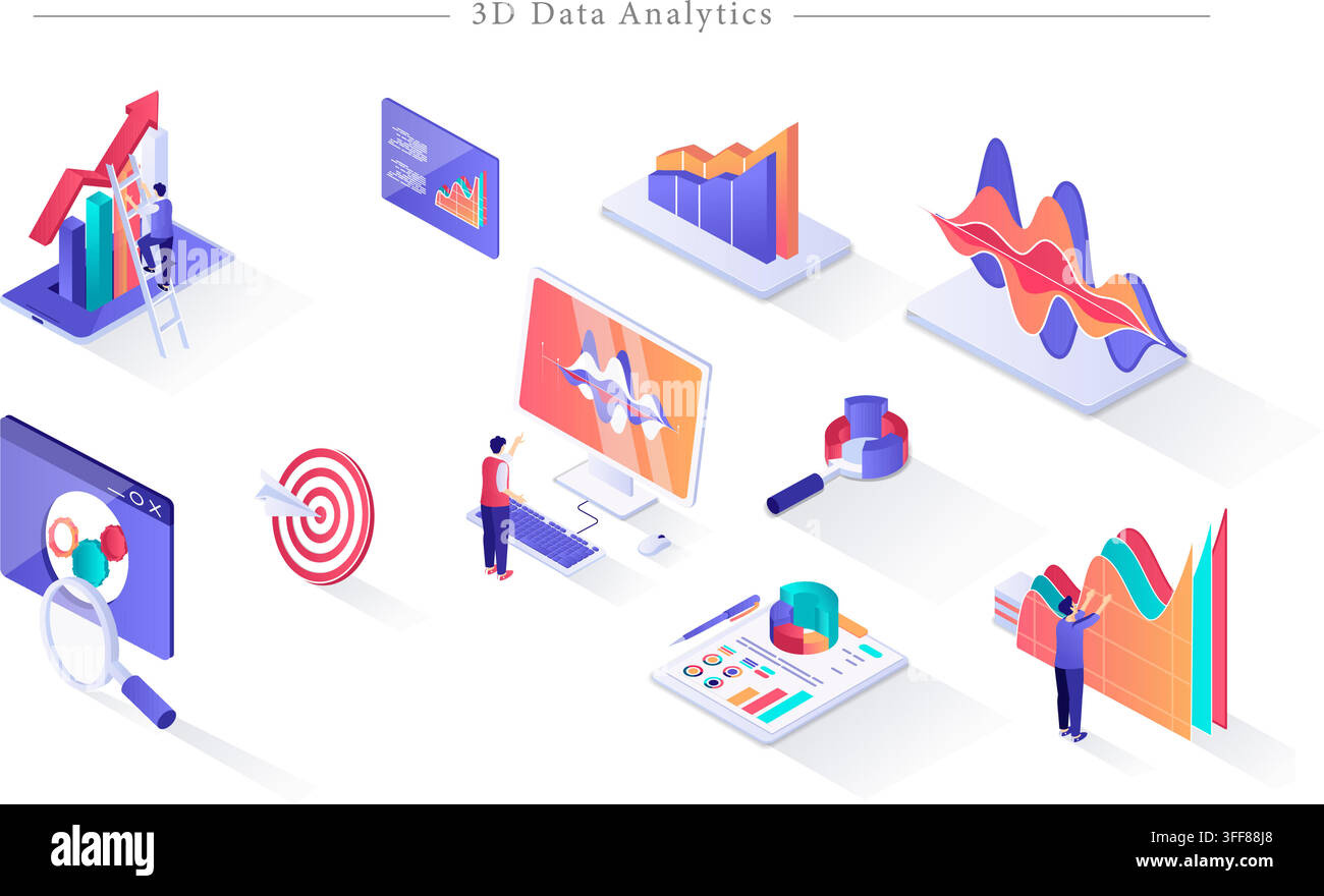 3D data analytics vector banner illustration set featuring business growth, charts, graphs, target, computer, and statistical analysis elements. Stock Vector
