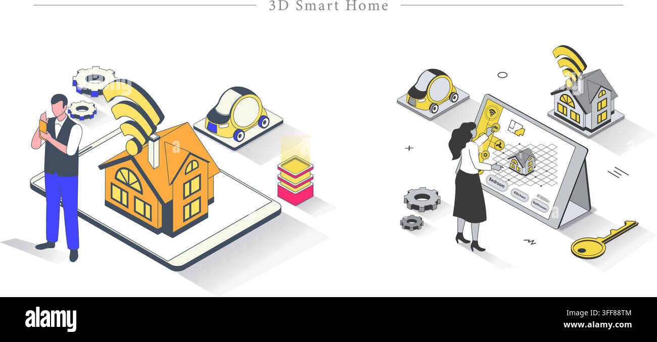 3D smart home vector banner illustration set featuring home automation, Wi-Fi connectivity, app control, IoT technology, and residential security. Stock Vector