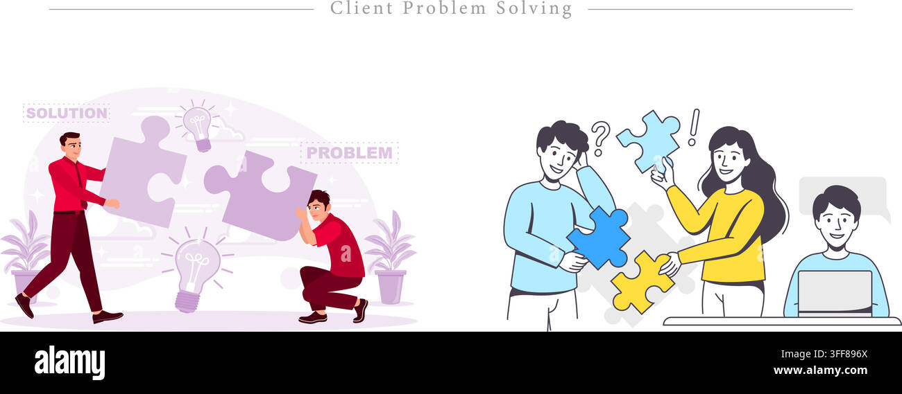 Client problem solving vector banner illustration set featuring puzzle pieces, teamwork, troubleshooting, ideas, brainstorming, and business strategy. Stock Vector