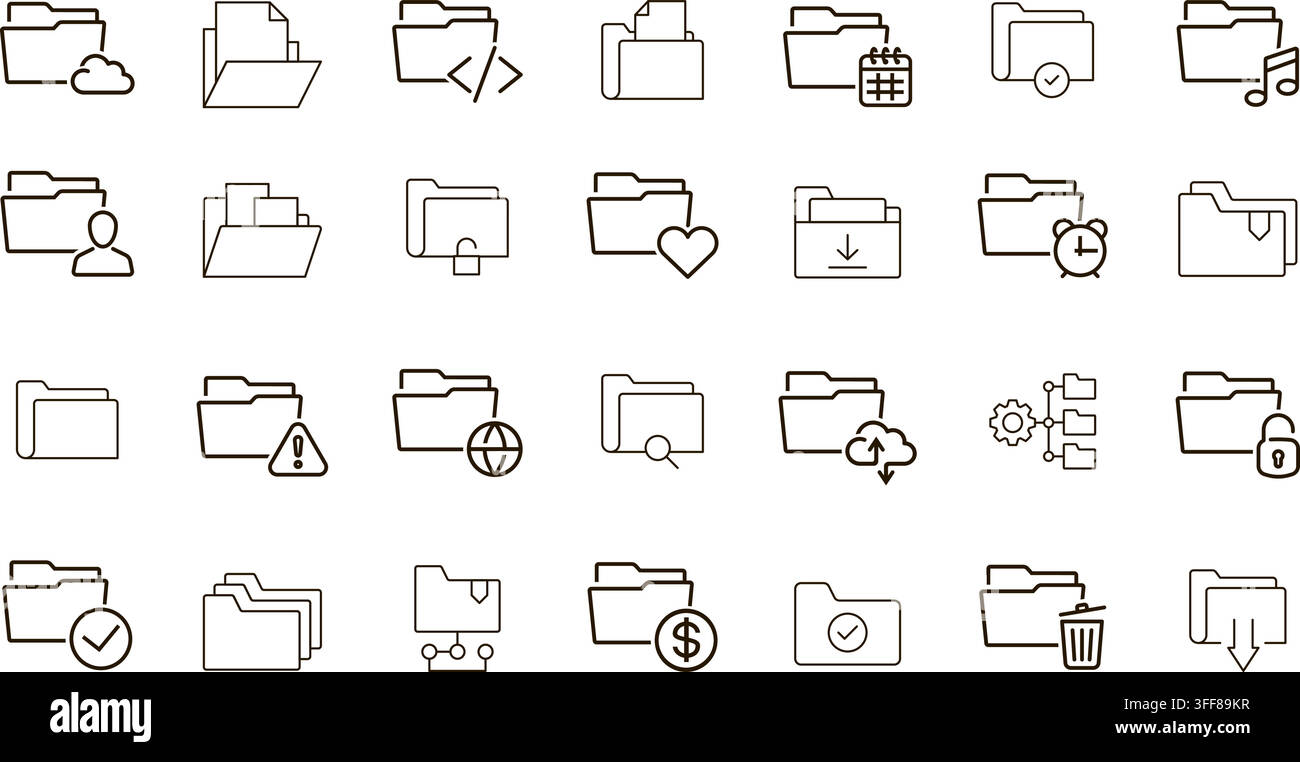 Folder vector icon set featuring line symbols, cloud folder, code, calendar, lock, download, search, sharing, financial folder, and delete. Stock Vector
