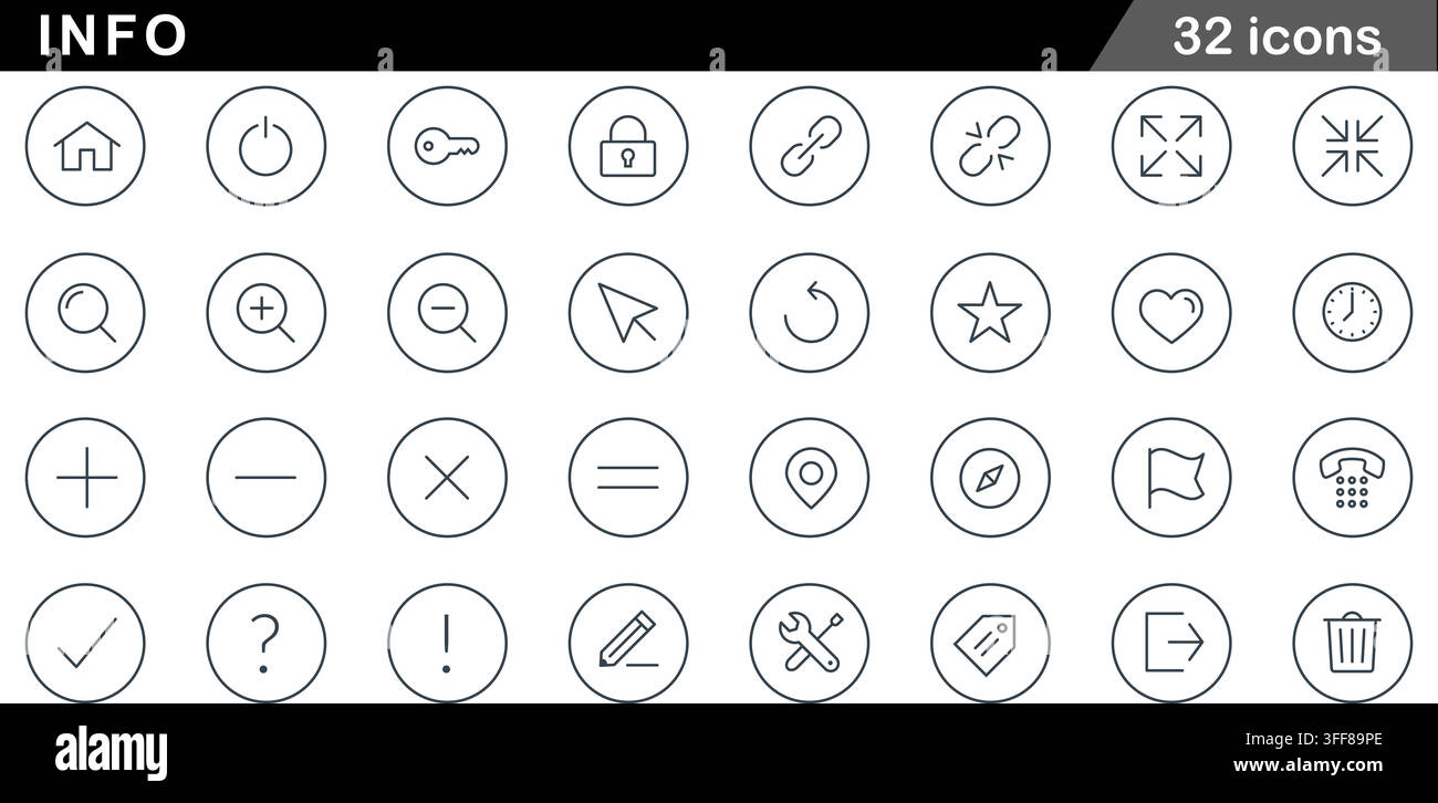 Info vector icon set featuring 32 line symbols, home, lock, search, zoom, tools, settings, delete, and user interface navigation concepts. Stock Vector