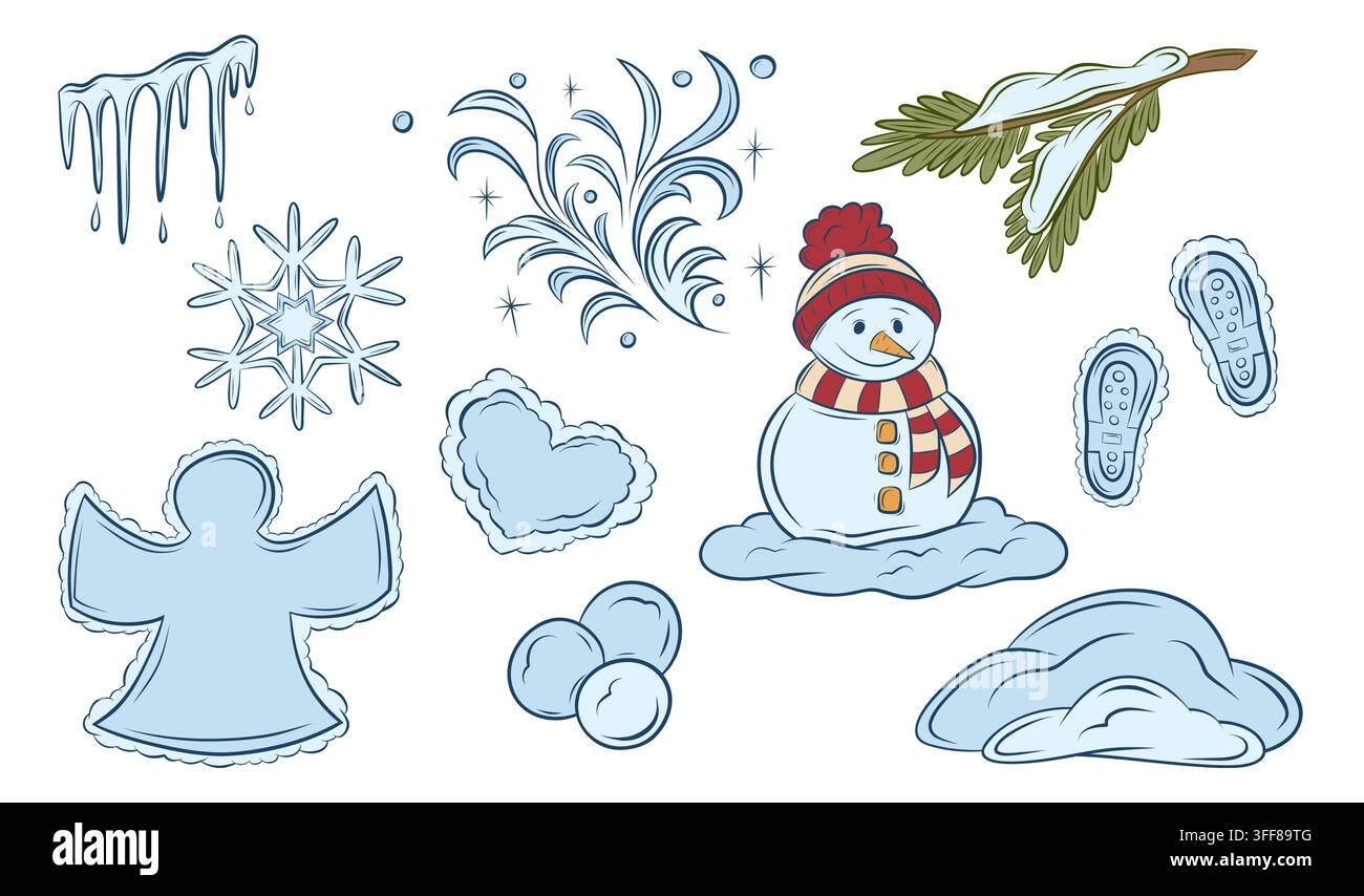 Vector set of winter elements and snowy decorations Stock Vector