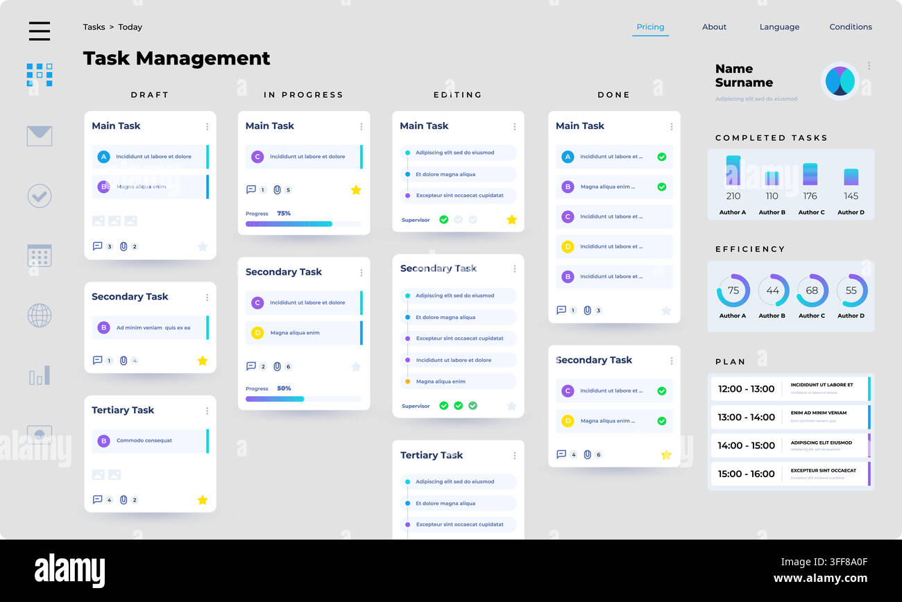 Task management dashboard vector UI template featuring kanban boards, project workflow columns, efficiency charts, and planning calendar. Stock Vector