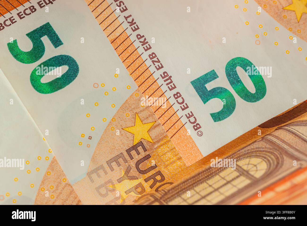 Fifty Euro Banknotes Close Up. Close-up of overlapping fifty euro ...