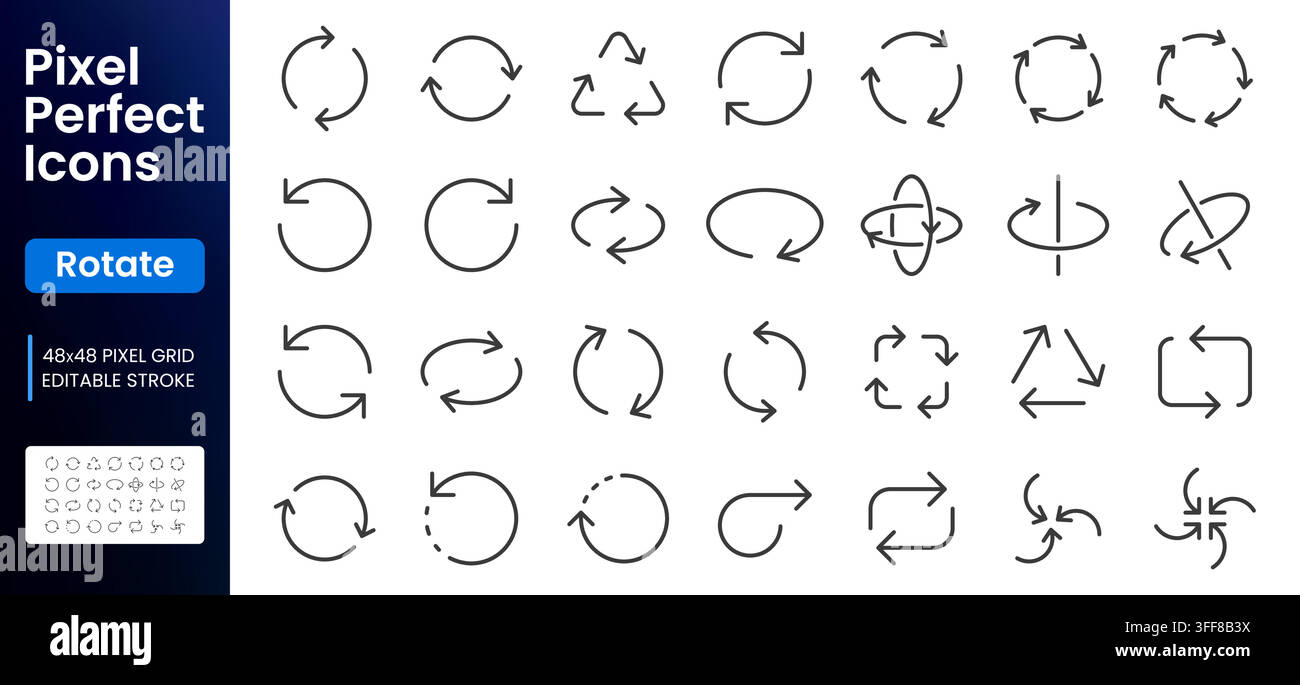 Rotate line icon set. Circular arrows, refresh, reload, sync, loop, spin, axis rotation, reverse cycle symbols minimal vector illustration. Simple Stock Vector