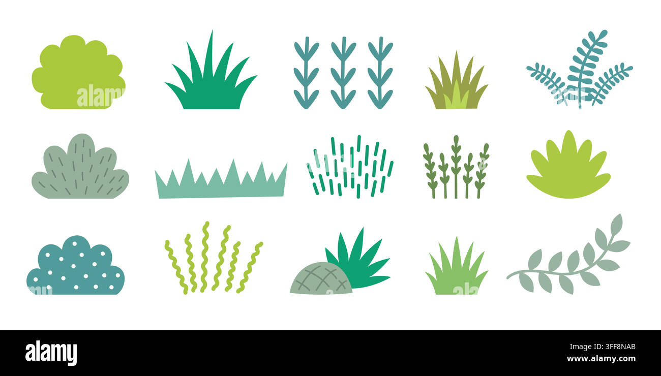Flat Green Plants, Bushes, and Grass Tufts Vector Elements Set for Landscape Design Stock Vector