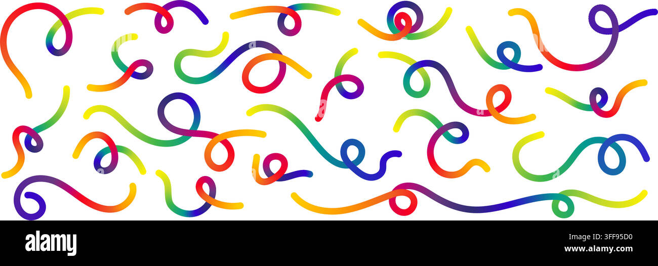 Rainbow gradient curves twist into playful abstract design. Vibrant fluid lines create dynamic background Stock Vector