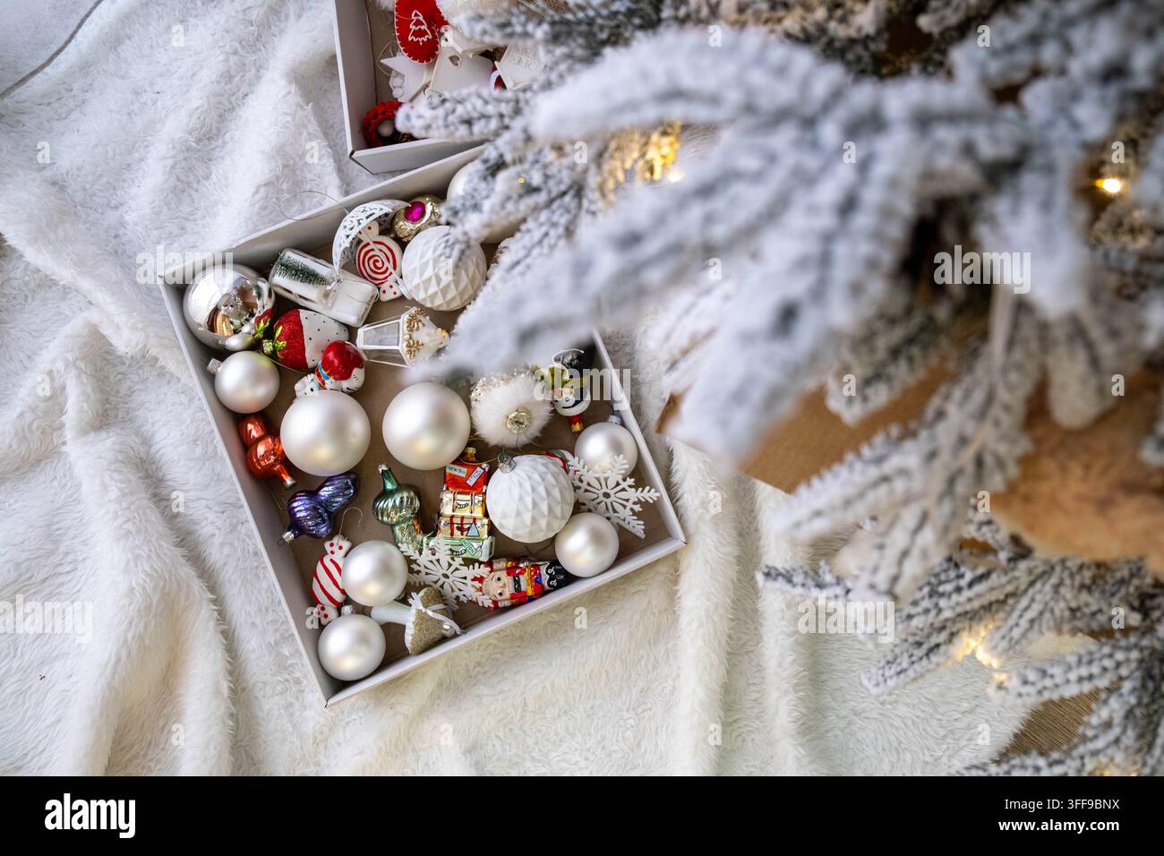 Christmas Ornaments and Decorated Tree Stock Photo