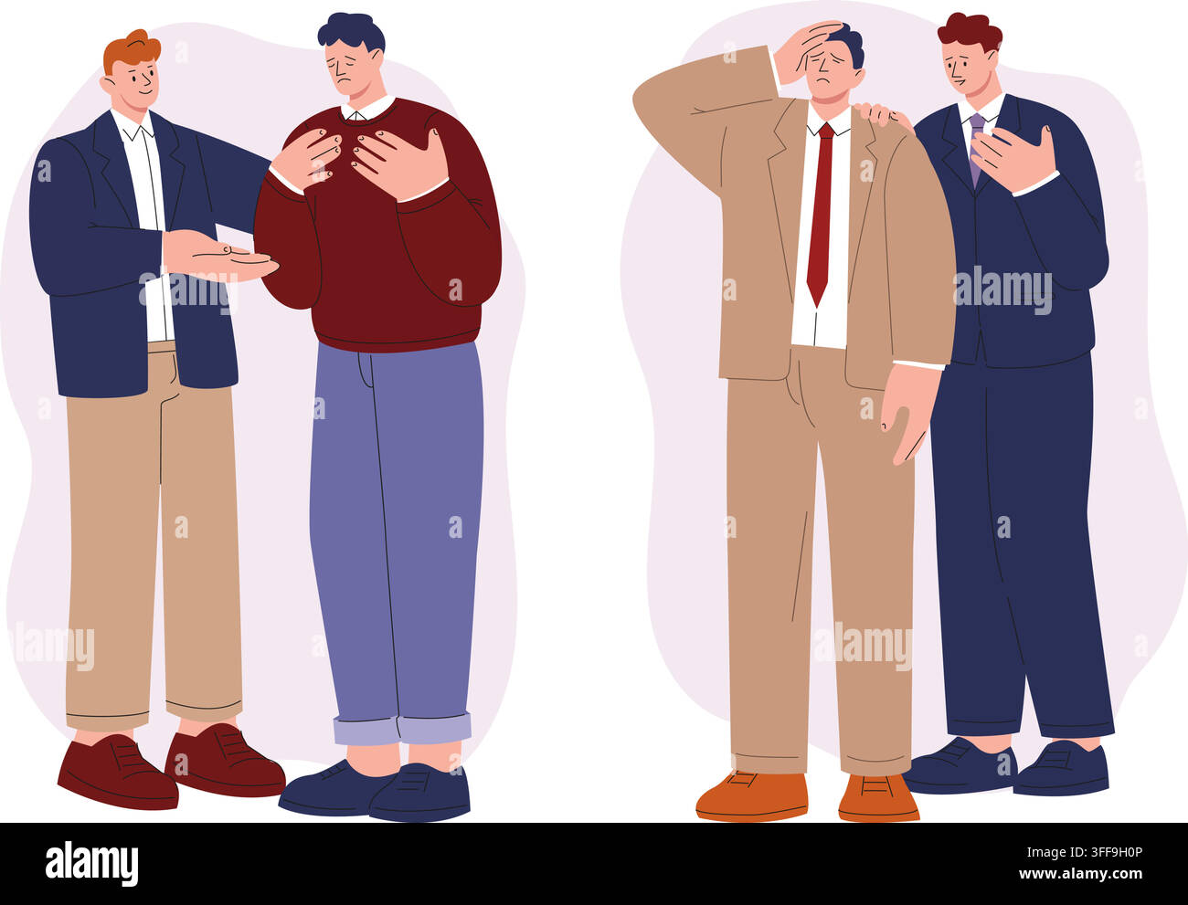 Men support colleague. Frustrated employee, tired and burned out. Sad businessman, fired manager, job or business loss. Cartoon flat vector characters Stock Vector