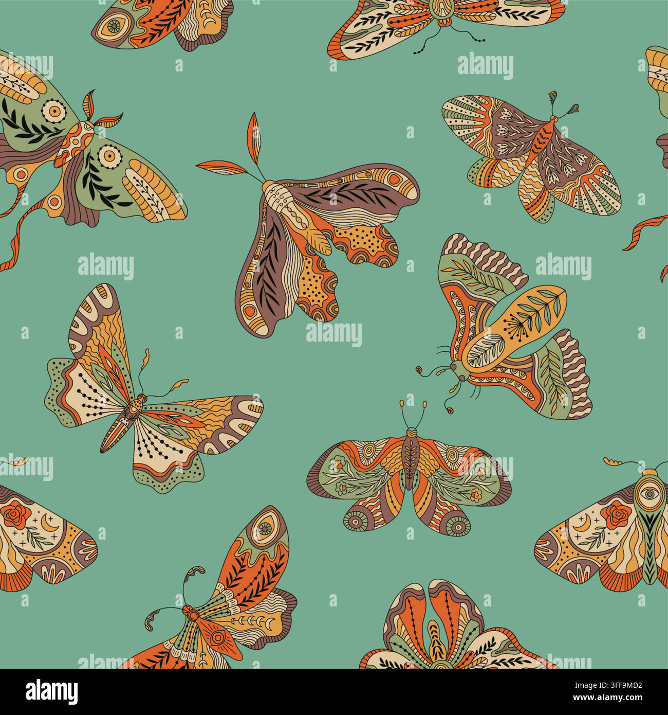 Boho folk art moths and butterflies seamless vector pattern Stock Vector