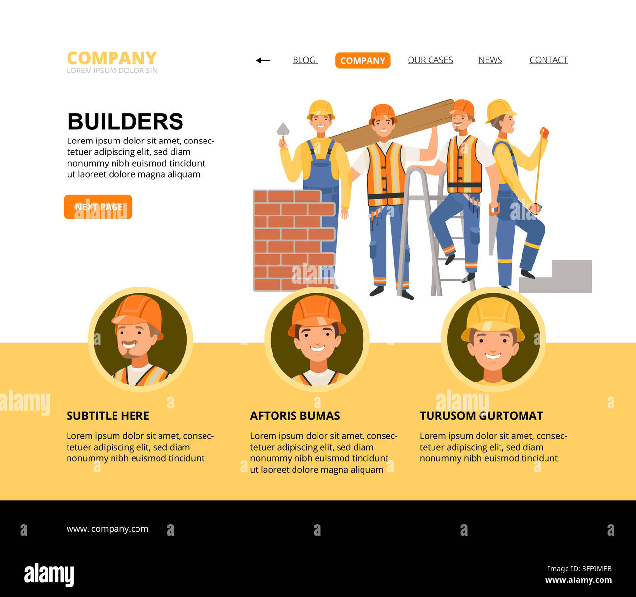 Construction workers building brick wall web landing page template Stock Vector