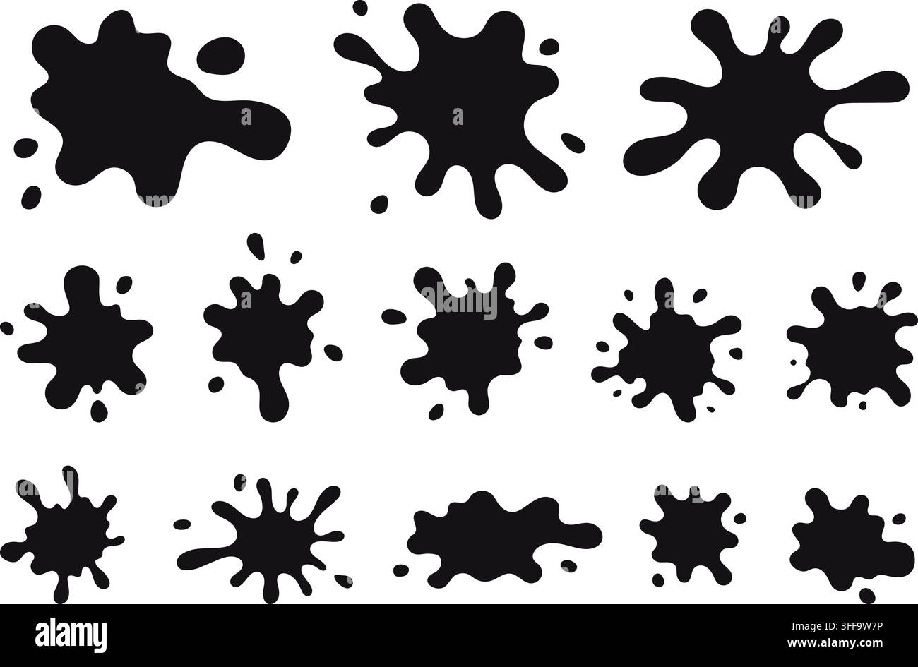 Liquid splashes, ink black blobs. Isolated flat oil splash with drops. Decorative basic elements for banners, flyers, posters. Simple different vector Stock Vector