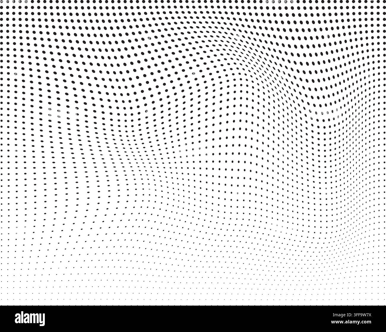 Abstract halftone dot pattern forming dynamic waves with warped perspective effect Stock Vector