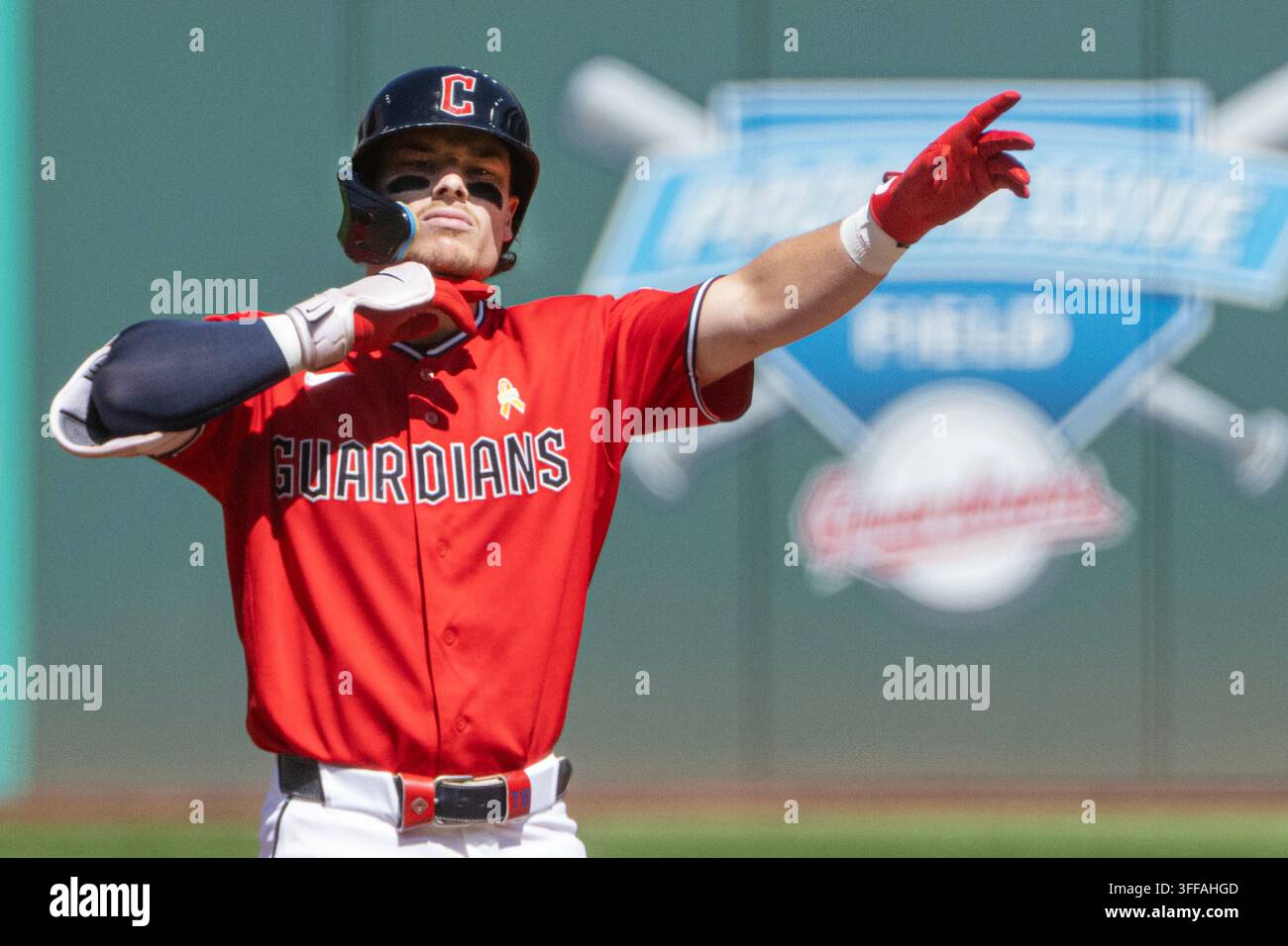 Cleveland Guardians second baseman Travis Bazzana reacts after lacing a double off Detroit Tigers starting pitcher Jackson Jobe during the first inning on September 6, 2026, in Cleveland