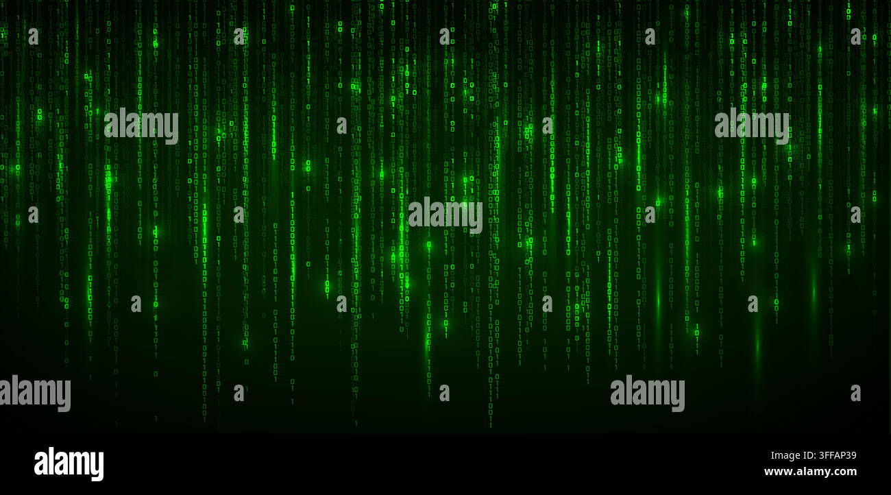 Binary code rain bg, matrix digital stream technology background, futuristic cyber security texture. Vector green data flow with programming numbers, Stock Vector