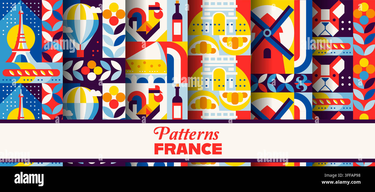 France travel seamless pattern with geometric ornament background. Vector vintage modern Paris culture tile with Eiffel Tower, Arc de Triomphe and win Stock Vector