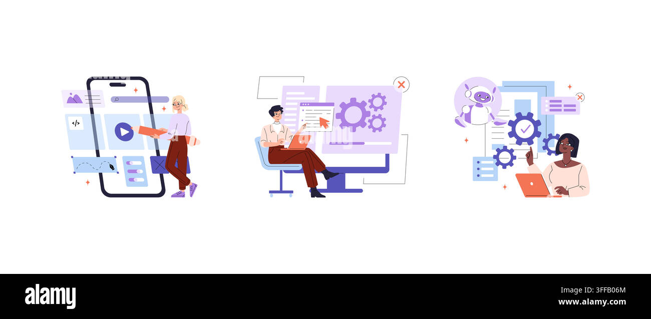Developers work on mobile app design software coding and AI automation tools across screens and laptops, with interface elements gears chatbot and pro Stock Vector