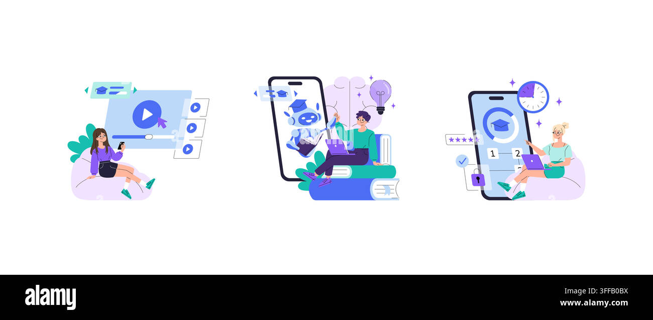Online learning vector illustration set showing students using mobile education apps, video lessons, AI tutoring, testing, progress tracking, rating, Stock Vector