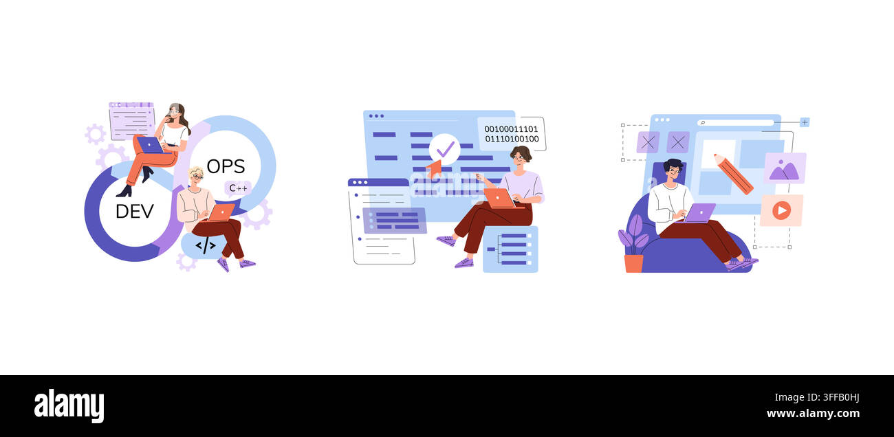 Developers work on laptops with DevOps workflow coding interface and web design editor screens, showing software development programming and digital p Stock Vector