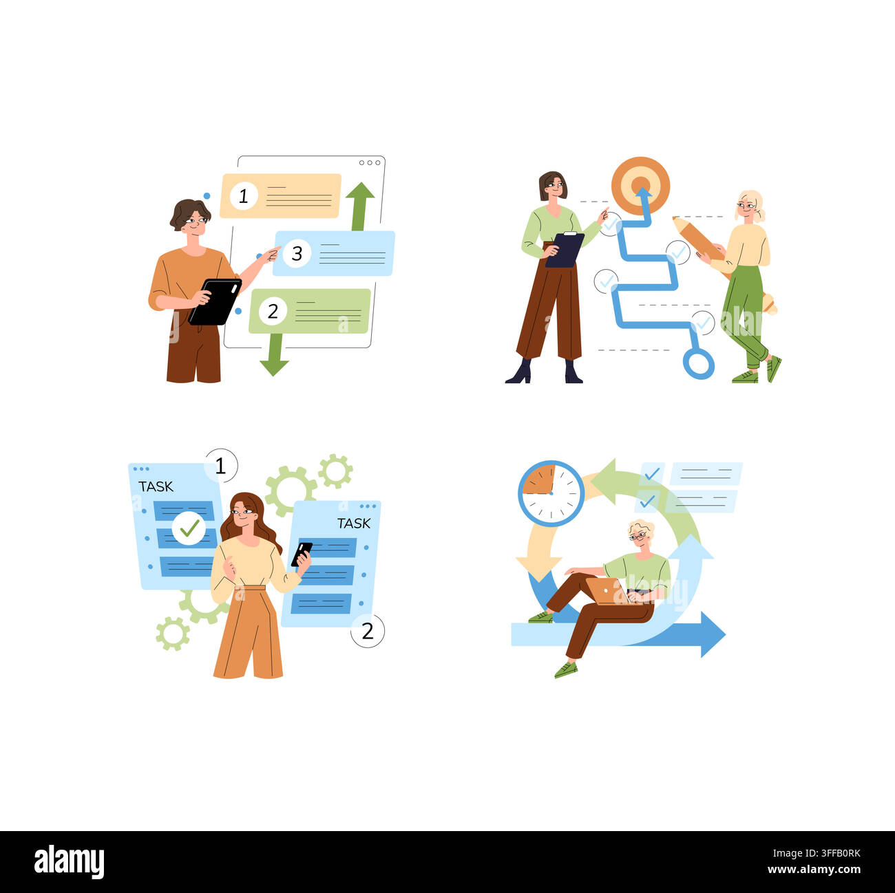 Workflow management vector illustration set with people organizing task lists, tracking process steps, planning project flow, checking progress, and i Stock Vector