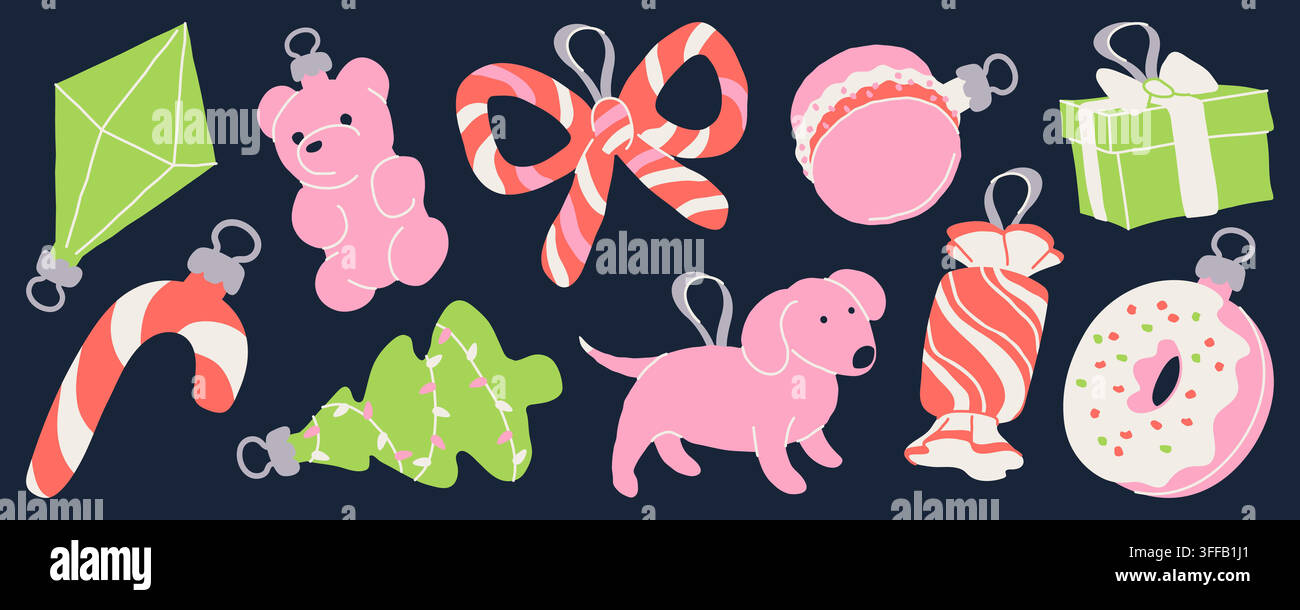 Modern pink and green Christmas tree ornaments hand drawn vector illustration Stock Vector