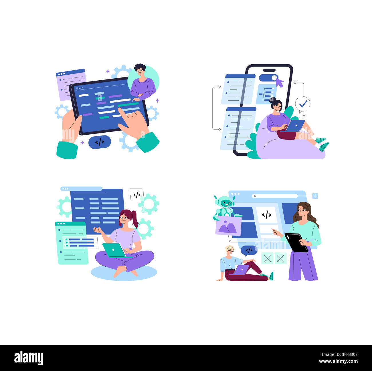 Developers coding on tablet laptop and smartphone screens with app layouts interface elements and automation tools, vector illustration set for softwa Stock Vector