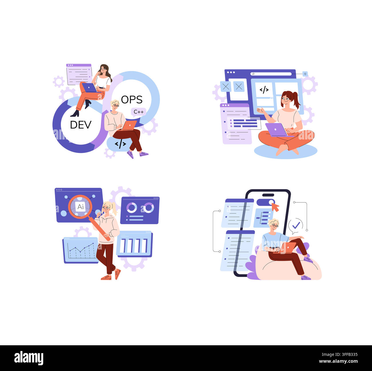 Developers work on DevOps coding, software testing, mobile app interface analysis and AI search dashboards in a vector illustration set with laptops, Stock Vector