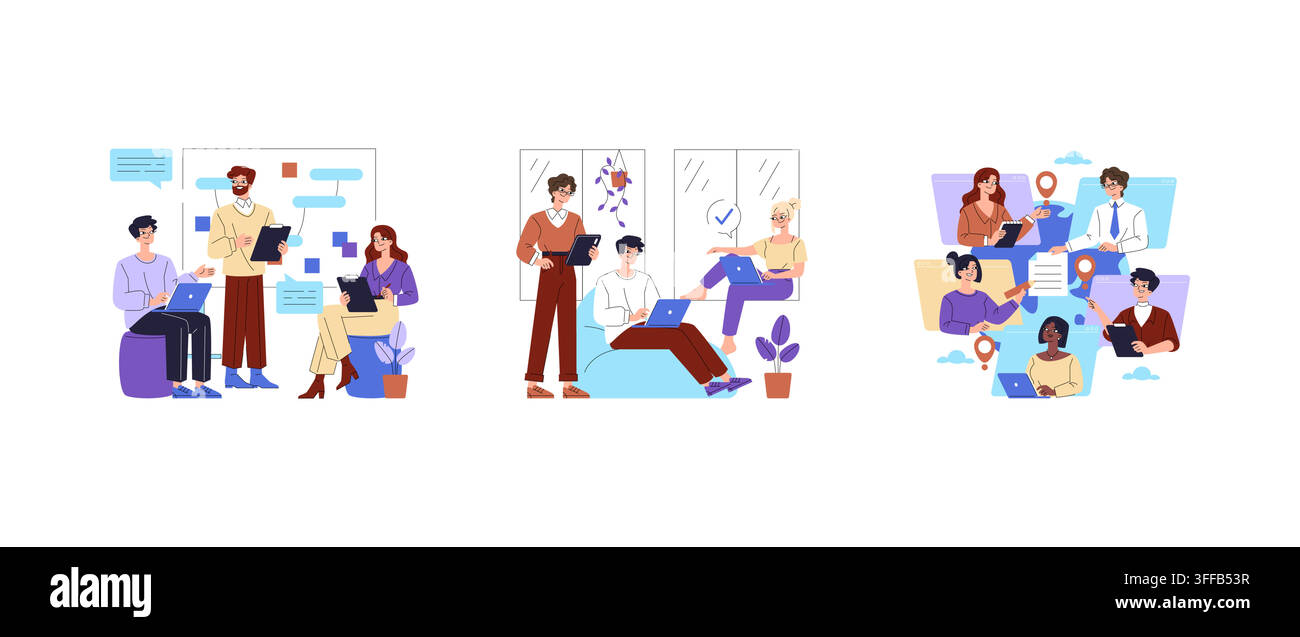 Remote team members work on laptops and tablets, share messages, review tasks and location data in a collaborative workflow set, vector illustration f Stock Vector