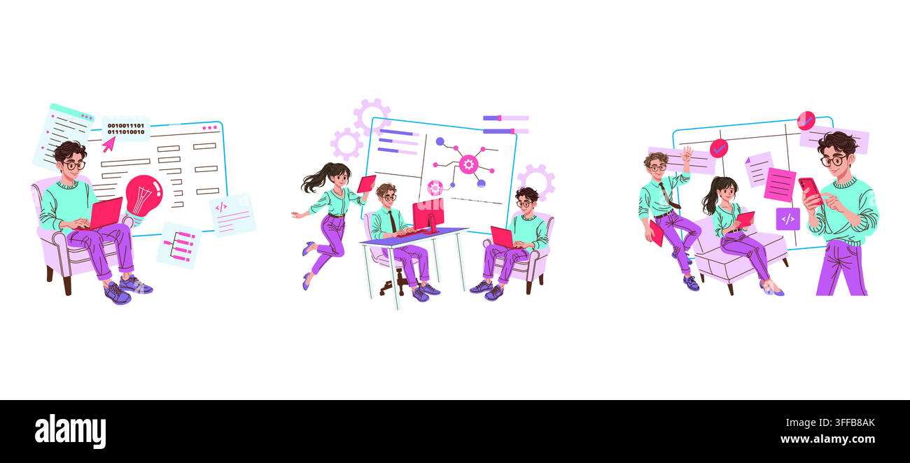Software developers write code, review tasks, and manage digital workflow on laptop, desktop, tablet, and phone screens with charts and check marks in Stock Vector