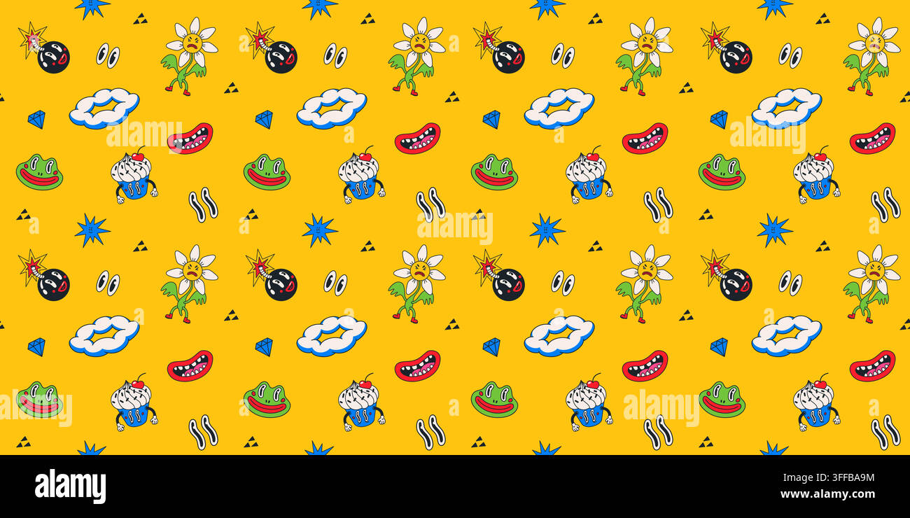 Pattern seamless vector with comic faces and doodles Stock Vector