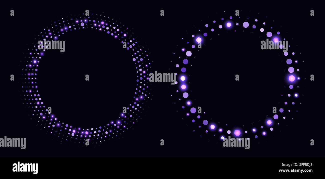 Purple halftone frames, glowing circle borders, round pattern with dots, radial disco luxury design element. Stock Vector