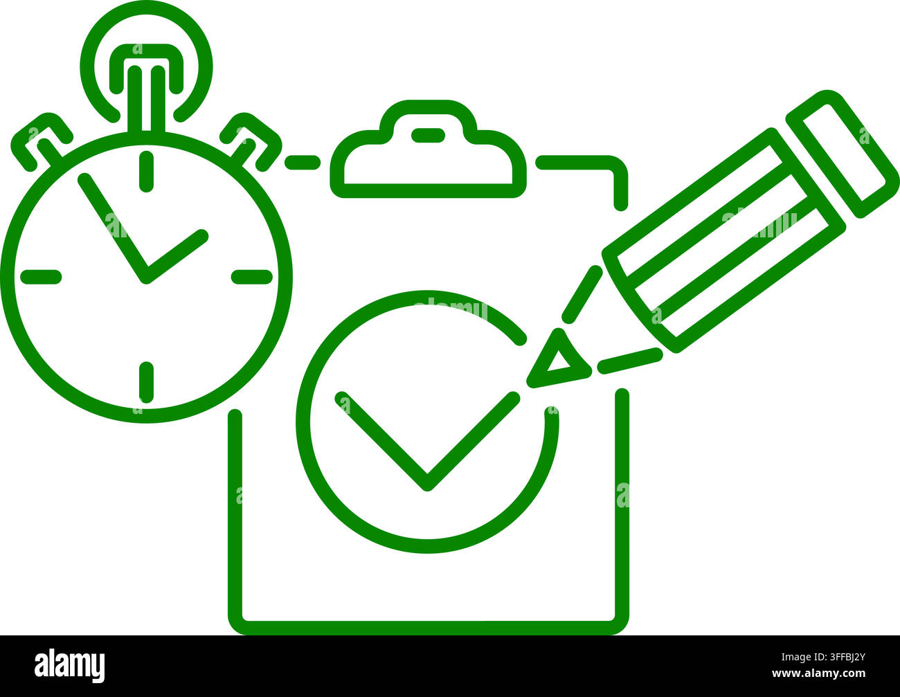 testing, test, education concept. tick in checkbox document on clipboard and stopwatch. correct test solution. success in completing assignment. line Stock Vector