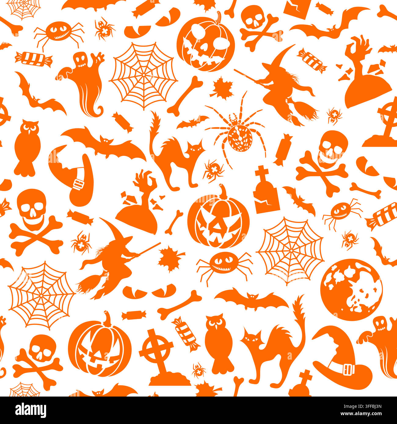 Seamless Halloween Pattern with bats, ghost and pumpkin. Isolated vector illustration Stock Vector
