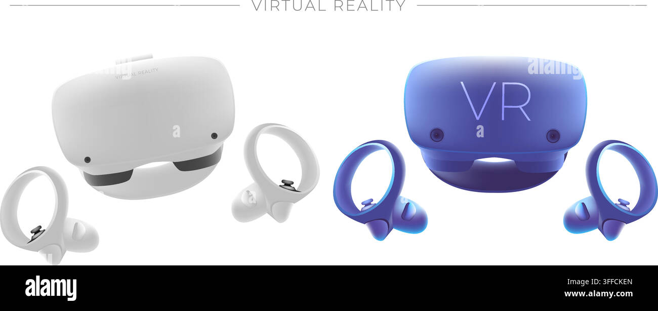 Virtual reality headset vector set featuring 3D realistic white and blue VR goggles with motion controllers for immersive gaming tech. Stock Vector