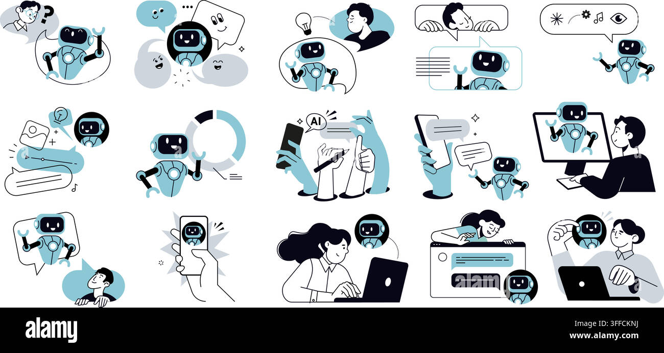AI chatbot vector icon set featuring friendly artificial intelligence robots, human user interaction, virtual assistants, and chat messaging. Stock Vector
