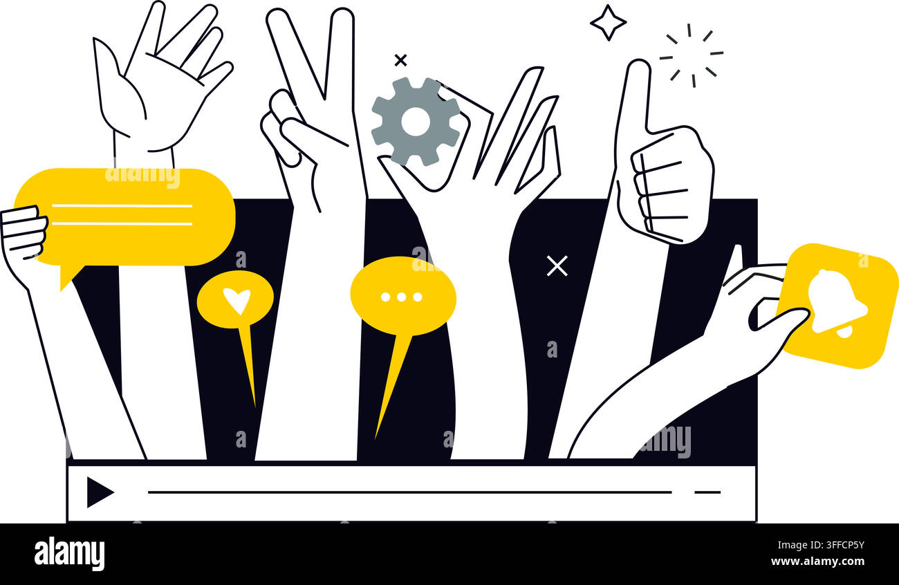 Social media engagement vector illustration set featuring hands, thumbs up, chat bubbles, notifications, comments, and communication elements. Stock Vector