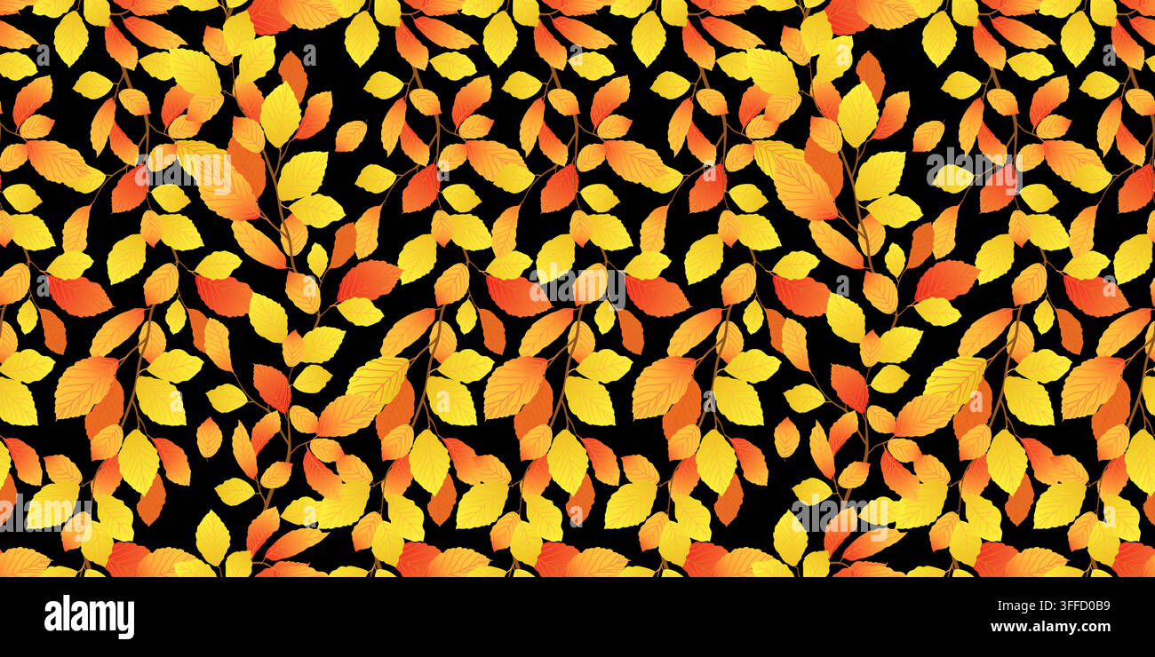 Vector background with Elm autumn branches. A seamless pattern of orange and yellow leaves on black. Leaf fall season. Clip art with beech leaves. Cartoon illustration for Thanksgiving Day packagings Stock Vector